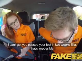 Fake Driving School provocative Ginger Geek young woman in Glasses with Beauitful Body